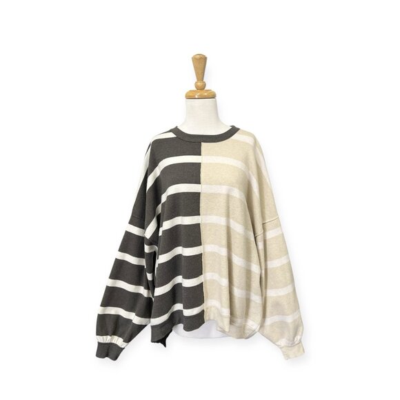 Free People Sweaters - Free People Uptown Stripe Oversized Pullover Size M Medium Gray and Beige